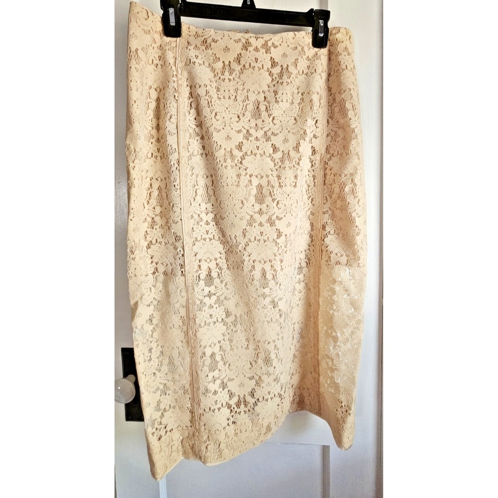 NWT DKNY Flocked Seamed Lace Pencil Skirt Sz 10 lined nude MRSP 498